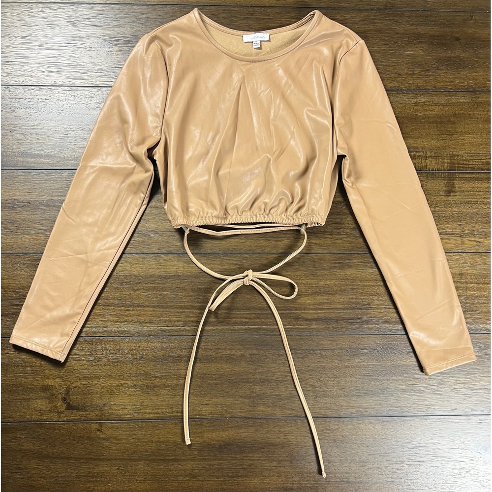Blashe Tan Faux Leather Long Sleeve Tie Back Crop Top BT02745 Medium